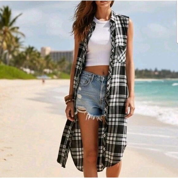 Rails Tops - Rails Jordyn Plaid Side Split Tunic Duster Blk/wht Sz Xs  Flannel Collared Long